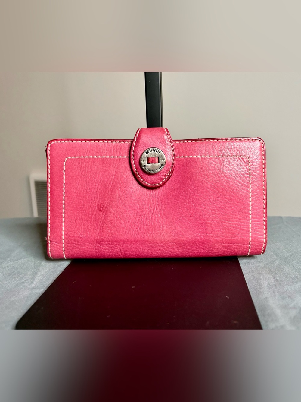 mundi Hot Pink Leather Wallet Clutch with Stitch Detail